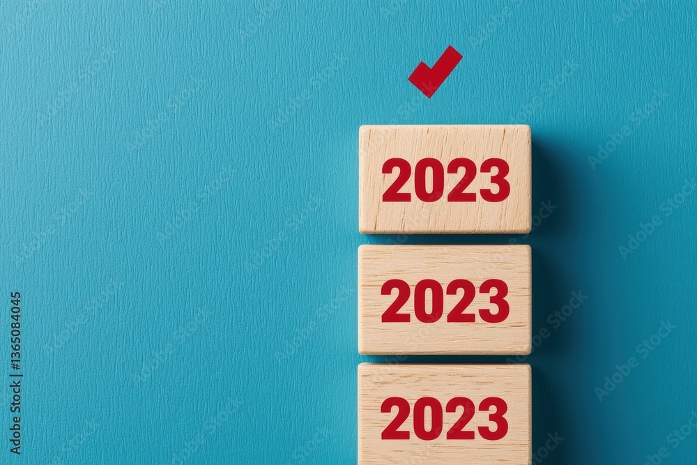 Poster three wooden blocks displaying 2023 topped with a checkmark against a textured blue background highl