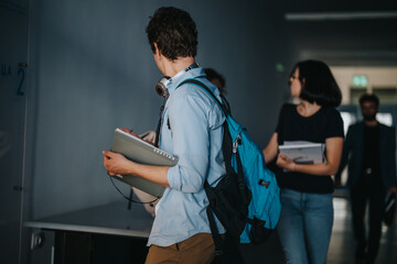 A group of university students engage in conversation in the hallway between classes, carrying...
