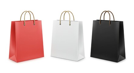mockup Three different shopping bags against a plain white background, each with a distinct color. The first is light red, the second is white, and the third is black