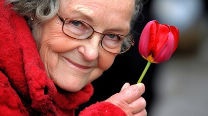 Elderly Woman Smiling with Red Tulip in Hand Wearing Cozy Red Jacket Outdoors in Natural Light