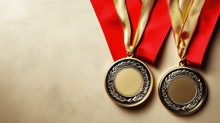 Two Gold Medals with Red Ribbons on Textured Background Perfect for Recognition and Achievement Themes