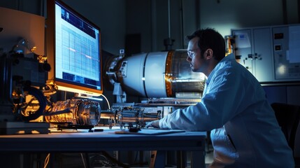 A space engineer developing propulsion systems for Mars missions, aerospace lab with ion propulsion models, spacecraft blueprints