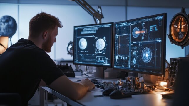 A space engineer developing propulsion systems for Mars missions, aerospace lab with ion propulsion models, spacecraft blueprints