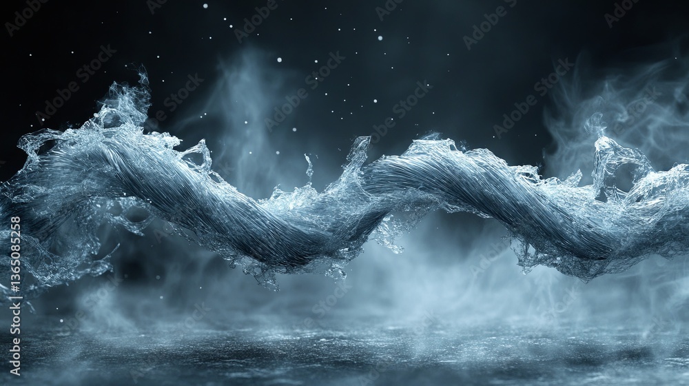 Poster flowing water creates dynamic and mesmerizing patterns in a darkened environment with mist in the ba