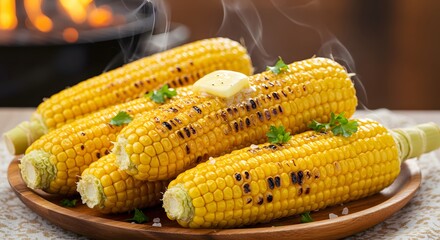 freshly grilled corn on the cob, with a golden-brown char on the kernels 
