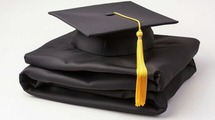 Graduation cap on folded black gown with yellow tassel, symbol of academic achievement and celebration