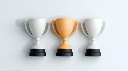 Three Trophy Cups Gold Silver White on White Background