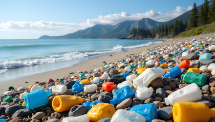 Plastic Pollution on Beach with Mountains in Background  