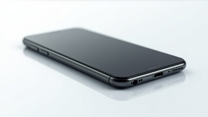 A sleek, dark smartphone rests on a pristine white surface, showcasing its minimalist design and elegant simplicity with subtle reflections highlighting its smooth curves.