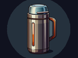 A sleek stainless steel thermos, floating on a dark gray background