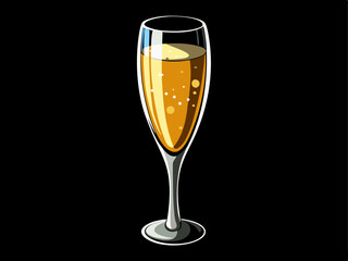A crystal-clear champagne flute, filled with bubbly liquid, on a black background