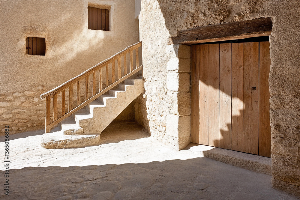 Poster intriguing interplay of light and shadows shapes an ancient courtyard with textured walls and wooden