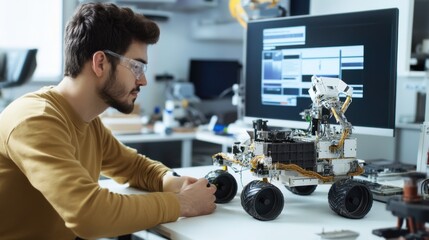 A space engineer working on autonomous navigation systems for space rovers, lab with rover parts and navigation software visible, High-tech style