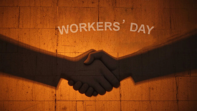 Silhouette of Handshake with Workers' Day Text in Warm Tones,Background