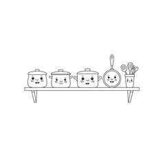 Naklejka premium Line drawing of kitchenware with cute faces on shelf, showcasing cooking utensils and pots, symbolizing home cooking, kitchen design, or children's illustration