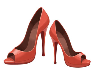 A pair of elegant coral peep-toe heels, poised for a night out, gleaming with a glossy finish.
