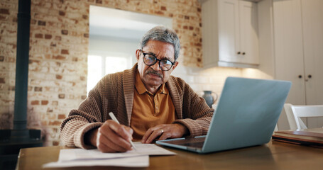 Budget, laptop and senior man with documents in home for asset management, life insurance...
