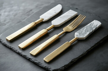 Cluster of marble cheese knives with brass accents exuding culinary sophistication and timeless kitchen artistry