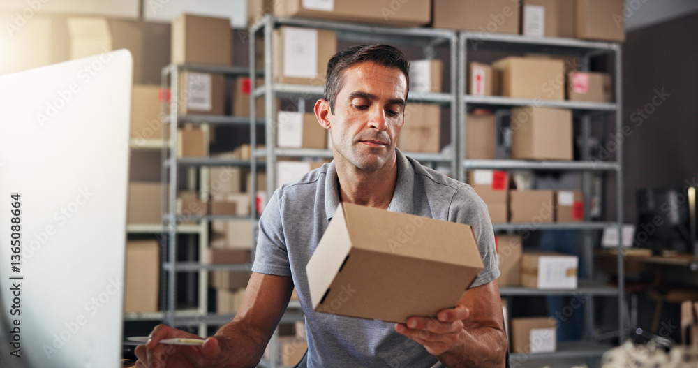 Poster box, inspection and logistics with man in warehouse for export or import order. checking, supply cha