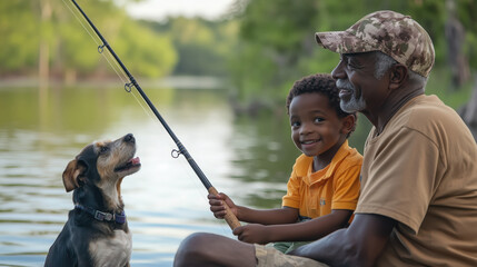 An elderly aged old smiling black grandfather man with his happy black grandson and a dog fishing together in a lake on nature blurred background