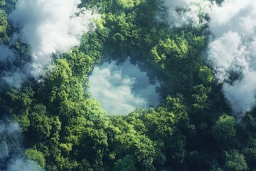 Obraz premium Lush forest hole in clouds, aerial view