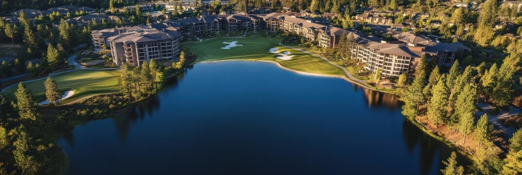 Aerial view of a luxurious golf resort beside a lake