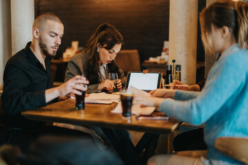 Business professionals engaged in brainstorming at a table with documents, tablets, and beverages.