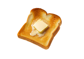 A floating golden toast with butter melting on top, isolated on a solid white background.