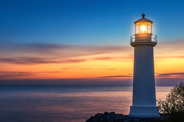 Seaside lighthouse dusk glowing halogen light realistic proportions holographic sunset hues high fidelity textures
