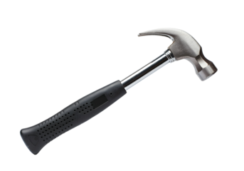 A floating hammer with a rubber grip handle, isolated on a solid white background.