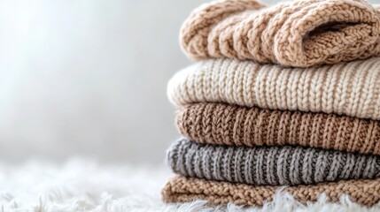 A stack of folded, knitted sweaters sits on a fluffy white blanket. Use for winter, comfort, cozy, fashion, or seasonal style themes.