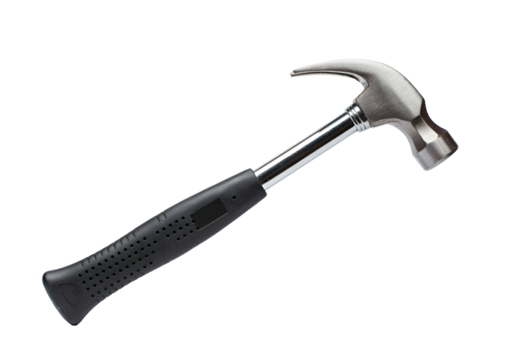 A floating hammer with a rubber grip handle, isolated on a solid white background.