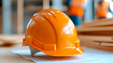 Orange Hard Hat on Blueprints Near Wood in Construction Site