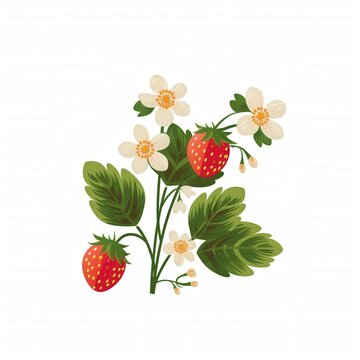 A strawberry plant with white flowers and green leaves.