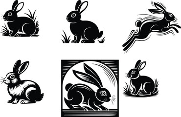 Set of rabbit silhouettes - vector illustration Silhouettes of easter bunnies isolated on a white background. Set of different rabbits silhouettes fo The set silhouettes of wild hares Hare silhouett
 