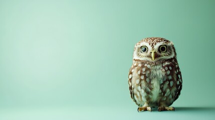 Cute brown owl with big eyes on a soft green background
