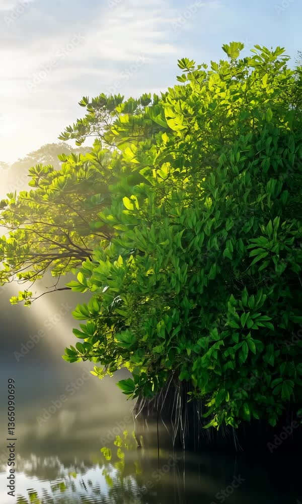 Poster a forest with a stream of water running through it. the sun is shining through the trees, creating a
