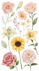 Watercolor floral arrangement with roses lilies and sunflower illustration
