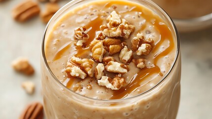 A caramel praline milkshake topped with candied nuts and a caramel drizzle