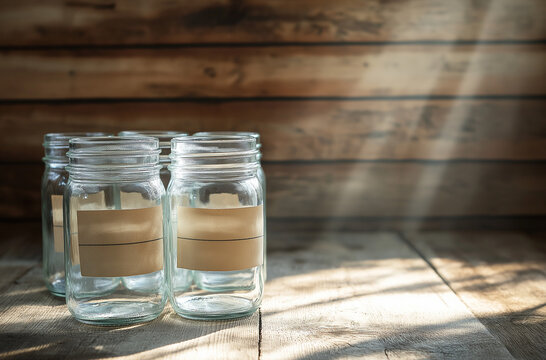 Stack of glass mason jars with vintage style labels, exuding nostalgic charm and rustic appeal