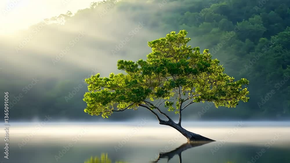 Poster a tree is standing in a lake with fog in the background. the tree is the only thing visible in the i