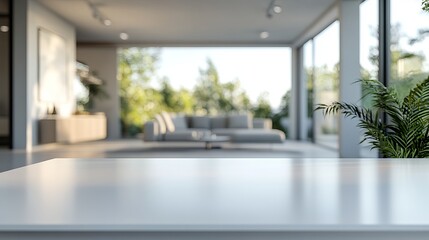Modern Minimalist Home Interior Design Empty Tabletop Showcase Luxurious Living Room Apartment Spacious Bright Sunlight Greenery Background Clean     
