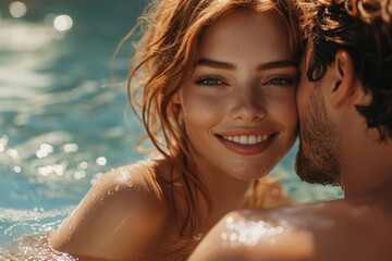 Couple enjoys a playful moment in a clear blue pool on a sunny afternoon