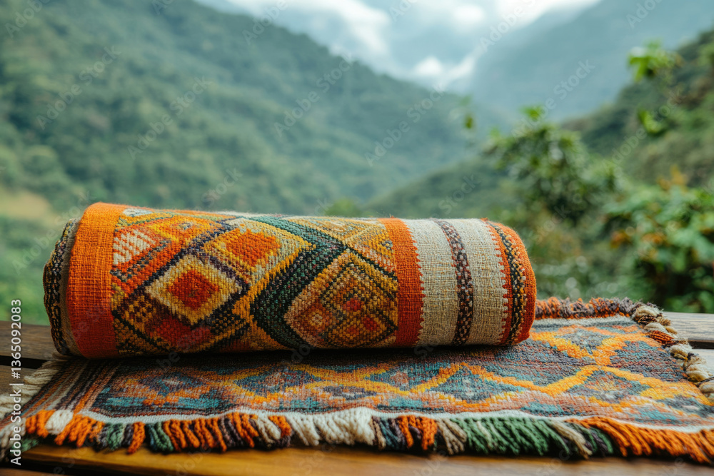 Poster a rolled-up handcrafted textile with vibrant orange and teal patterns rests on a matching runner, se