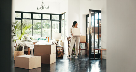 Happy, moving and couple with boxes, real estate and ownership of property with mortgage and lounge. Relocation, buyer and person with cardboard in living room, investment and purchase with home loan