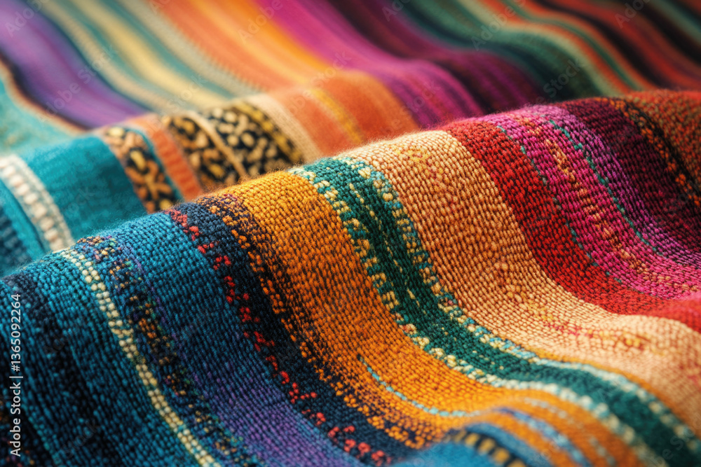 Poster Close-up of vibrant, multicolored woven fabric with intricate patterns and texture.