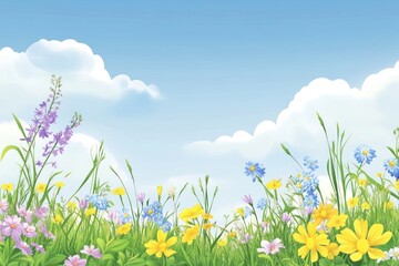 Wildflower field flowers sky background.