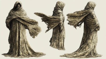 Mysterious cloaked figure in tattered robes, showcasing different angles against a neutral backdrop