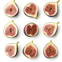 Arrangement of halved figs showcasing their vibrant interior on white surface