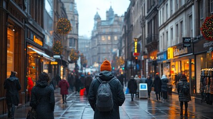 Glasgow Street Scene, Vibrant City Life with Shops and People 